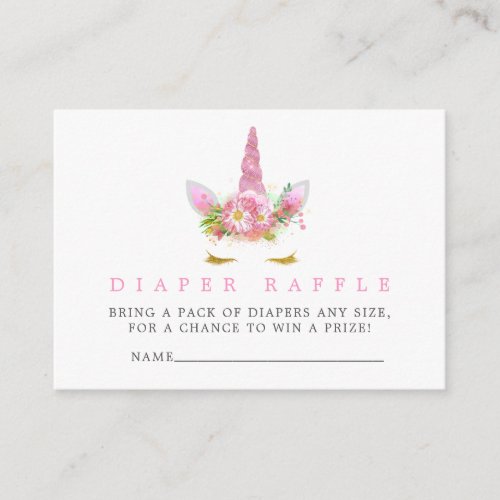Pink  Gold Unicorn Girl Baby Shower Diaper Raffle Enclosure Card