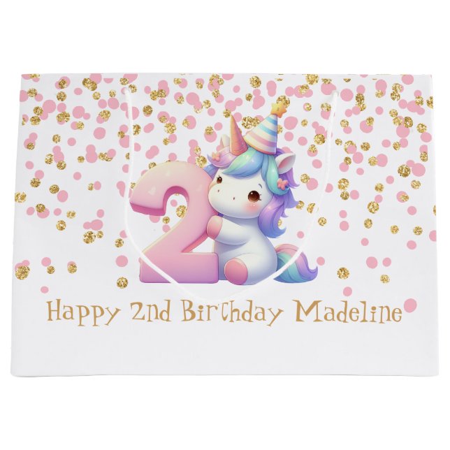 Pink Gold Unicorn Glitter 2nd Girls Birthday Large Gift Bag (Front)