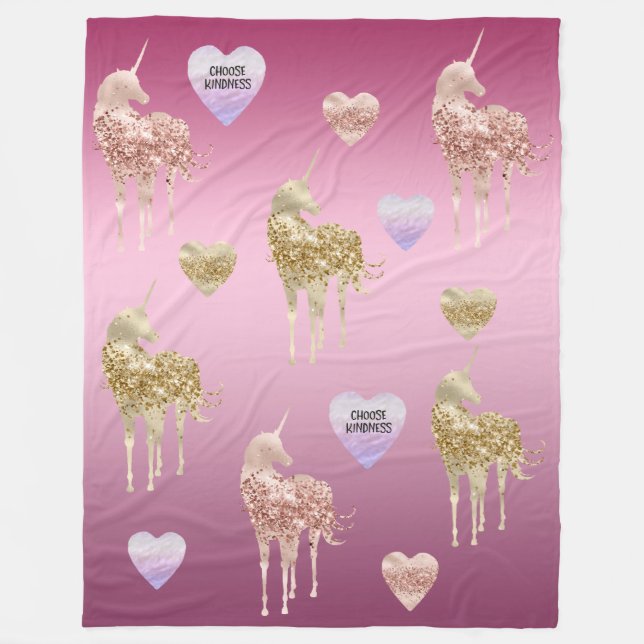 Pink Gold Unicorn Hearts Ombre Fleece Blanket (Front)