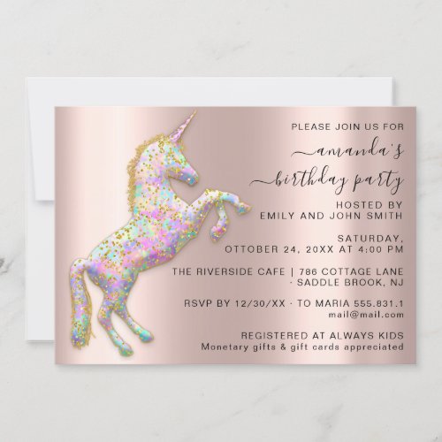 Pink Gold  Unicorn Horse Birthday Party Invitation