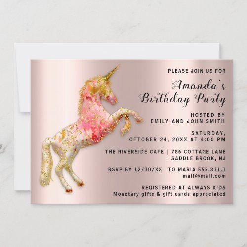 Pink Gold  Unicorn Horse Birthday Rose  Invitation