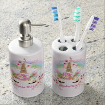 Pink Gold UNICORN Rainbow Flowers Girls NAMED Gift Bath Set Pink Gold UNICORN Rainbow Flowers Girls NAMED Gift Bath Set