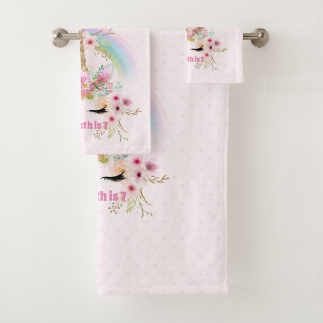 Pink Gold UNICORN Rainbow Flowers Girls NAMED Gift Bath Towel Set (Insitu)
