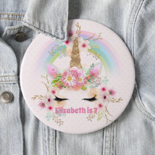 Pink Gold UNICORN Rainbow Flowers Girls NAMED Gift Button