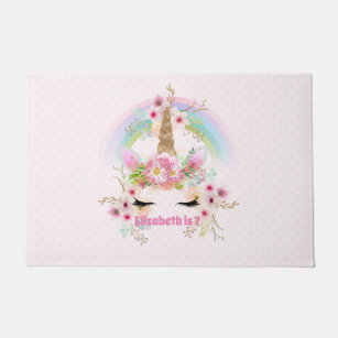 Pink Gold UNICORN Rainbow Flowers Girls NAMED Gift Doormat