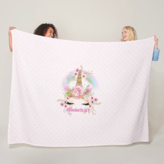 Pink Gold UNICORN Rainbow Flowers Girls NAMED Gift Fleece Blanket