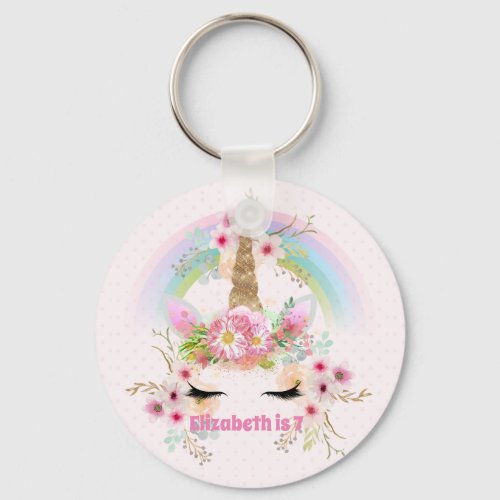 Pink Gold UNICORN Rainbow Flowers Girls NAMED Gift Keychain