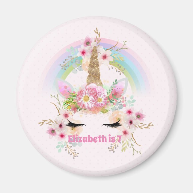 Pink Gold UNICORN Rainbow Flowers Girls NAMED Gift Magnet (Front)