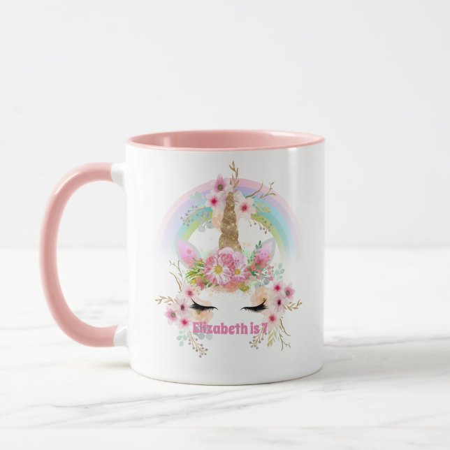 Pink Gold UNICORN Rainbow Flowers Girls NAMED Gift Mug (Left)