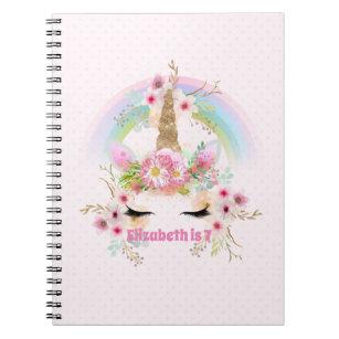 Pink Gold UNICORN Rainbow Flowers Girls NAMED Gift Notebook