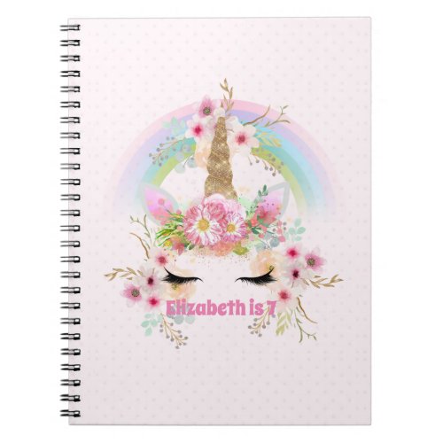 Pink Gold UNICORN Rainbow Flowers Girls NAMED Gift Notebook