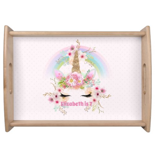 Pink Gold UNICORN Rainbow Flowers Girls NAMED Gift Serving Tray