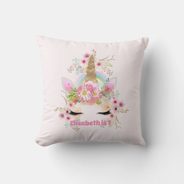Pink Gold UNICORN Rainbow Flowers Girls NAMED Gift Throw Pillow (Front)