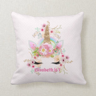 Pink Gold UNICORN Rainbow Flowers Girls NAMED Gift Throw Pillow