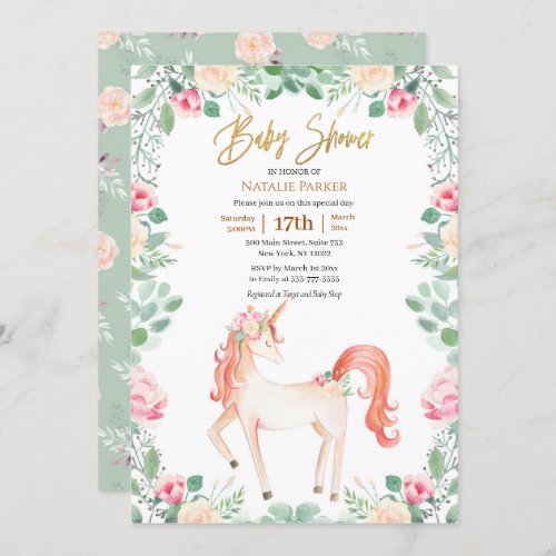Pink Gold Unicorn Rose Floral Greenery Baby Shower Invitation