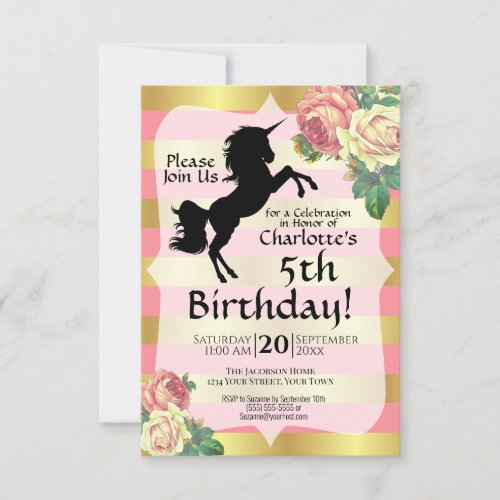 Pink  Gold Unicorn  Roses Girls Birthday Party Invitation