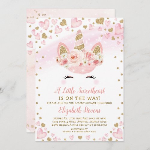 Pink Gold Unicorn Sweetheart Baby Shower Magical Invitation