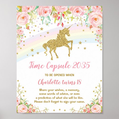 Pink Gold Unicorn Time Capsule First Birthday Sign