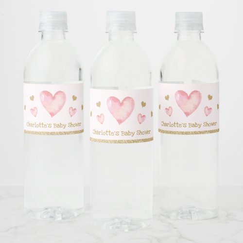 Pink Gold Valentines Baby Shower Birthday Party Water Bottle Label