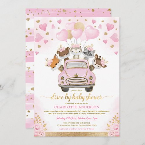 Pink Gold Valentines Woodland Drive By Baby Shower Invitation