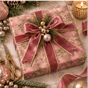 Pink & Gold Velvet Damask Holiday Wrapping Paper