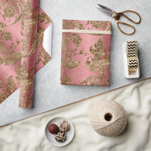 Pink  Gold Velvet Damask Holiday Wrapping Paper