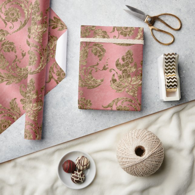 Pink & Gold Velvet Damask Holiday Wrapping Paper (Crafts)