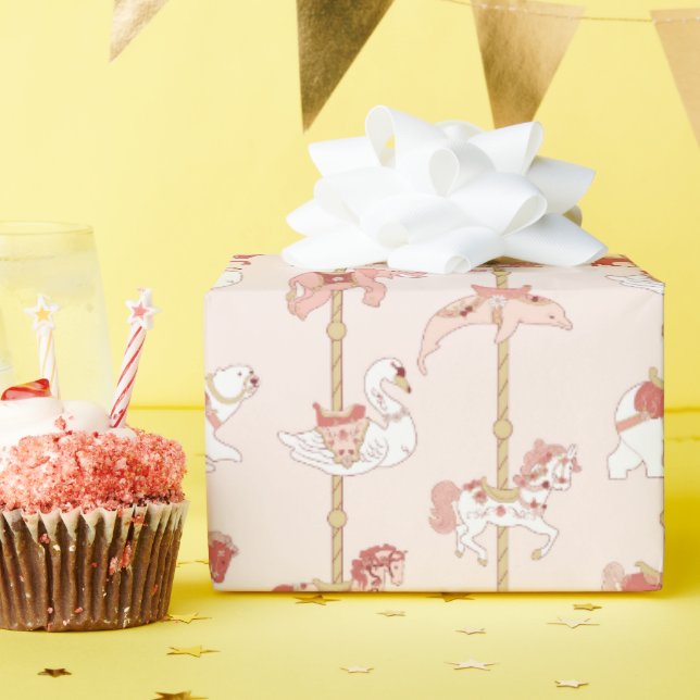 Pink & Gold Vintage Carousel Animals Gift Wrapping Paper (Birthday Party)