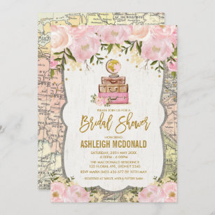 Pink Gold Vintage Travel Map Floral Bridal Shower Invitation