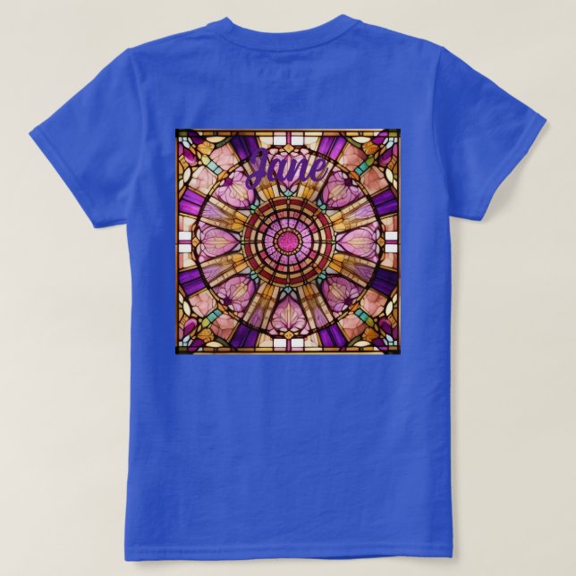 Pink, Gold & Violet Stained Glass Red T-Shirt (Design Back)