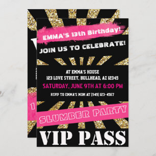 Pink & Gold VIP PASS Girls Sleepover Teenage Girl Invitation