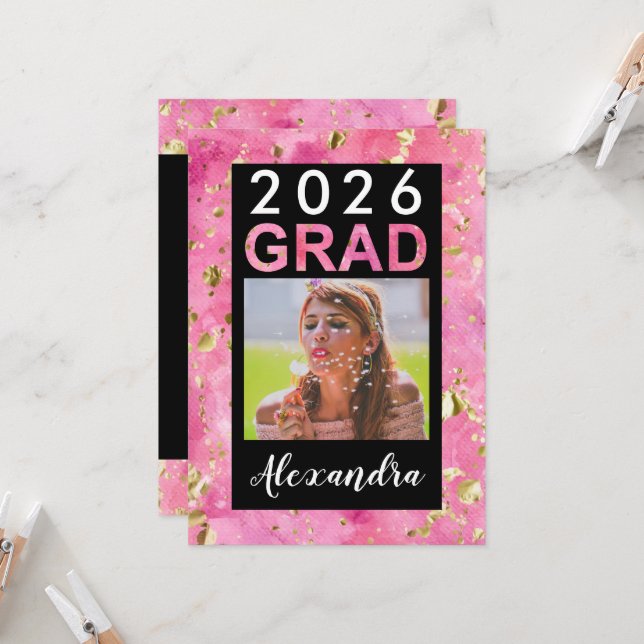 Pink Gold Watercolor Art 2026 Photo Graduation Invitation (Front/Back In Situ)