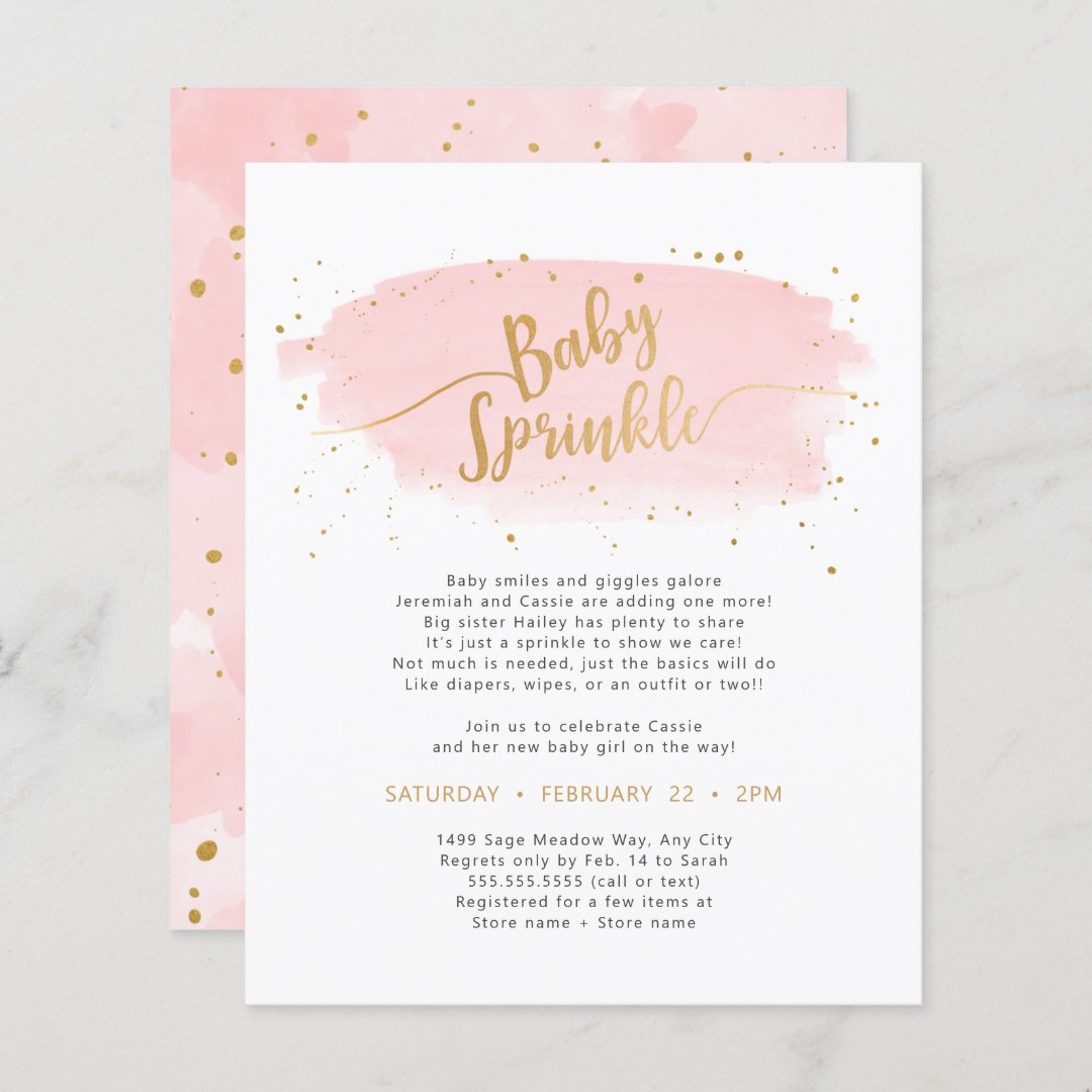 Pink Gold Watercolor Baby Sprinkle PAPER invite | Zazzle