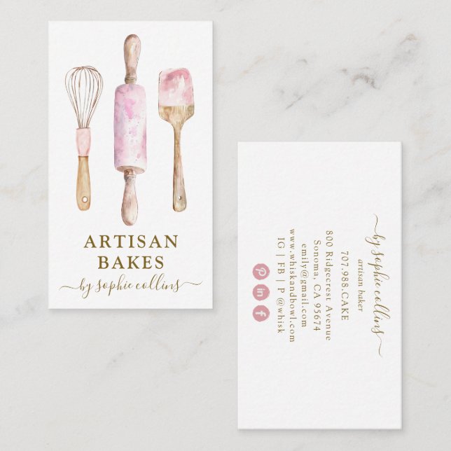 Pink Gold Watercolor Baker Pastry Chef Business Card (Front/Back)