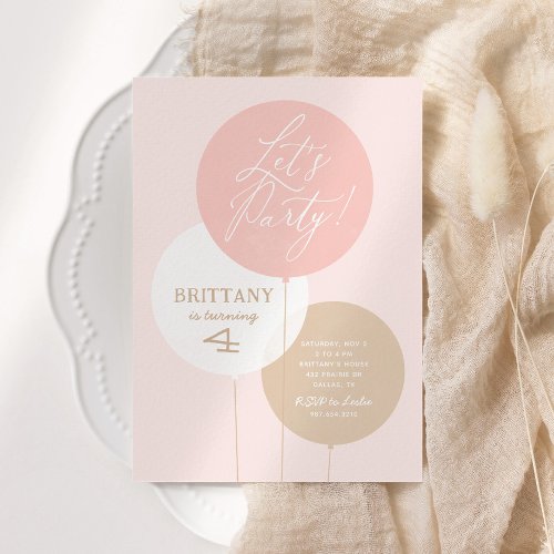 Pink Gold Watercolor Balloon Girl Birthday Party I Invitation