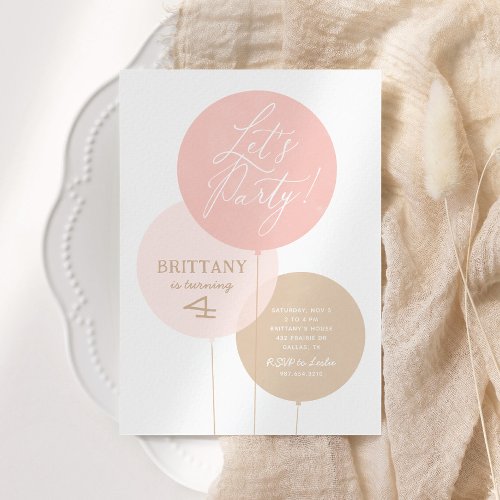 Pink Gold Watercolor Balloon Girl Birthday Party Invitation