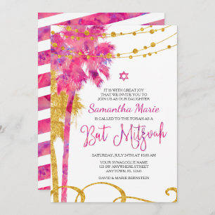 Pink Gold Watercolor Beach Bat Mitzvah Invitations