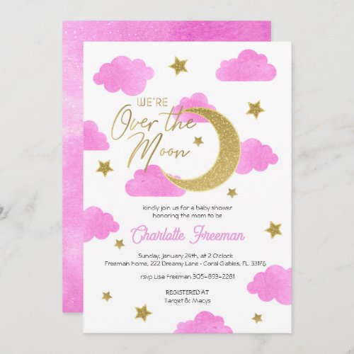 Pink  Gold Watercolor Celestial Over The Moon Invitation