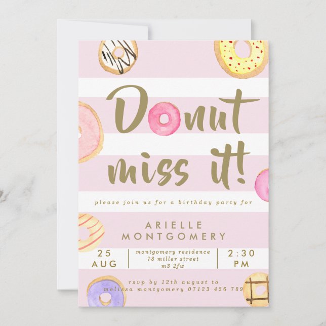 Pink & Gold Watercolor Donuts Birthday Party Invitation (Front)