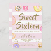 Pink & Gold Watercolor Donuts Sweet 16 Party Invitation (Front/Back)
