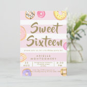 Pink & Gold Watercolor Donuts Sweet 16 Party Invitation (Standing Front)