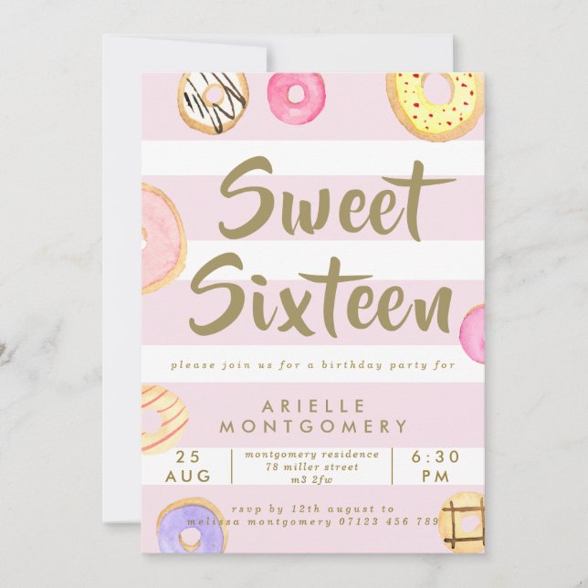 Pink & Gold Watercolor Donuts Sweet 16 Party Invitation (Front)