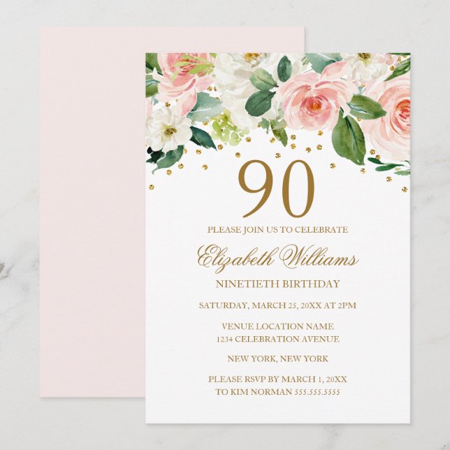 Pink Gold Watercolor Floral 90th Birthday Invitation (Front/Back)