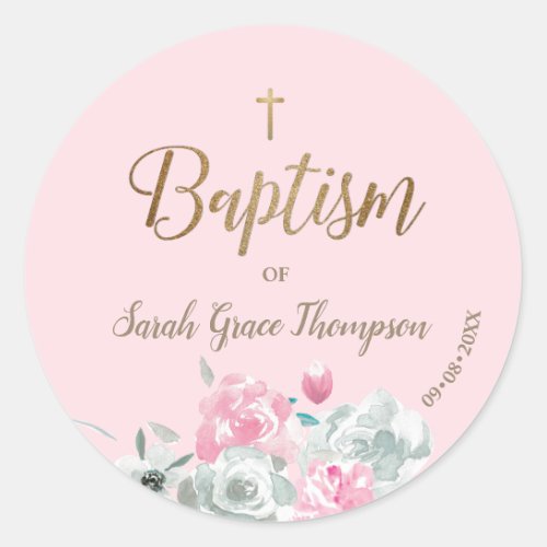 Pink Gold Watercolor floral Baby girl baptism Classic Round Sticker