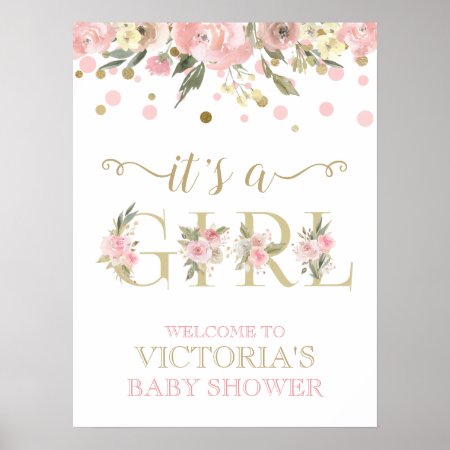 Pink Gold Watercolor Floral Baby Shower Sign
