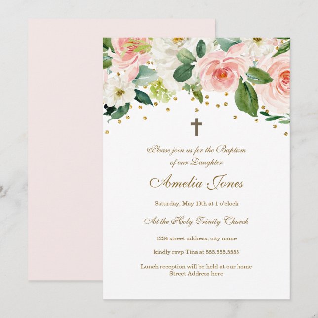 Pink Gold Watercolor Floral Baptism Invitation (Front/Back)