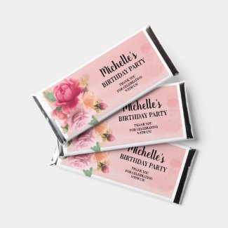 Pink Gold Watercolor Floral Birthday Party Guest Hershey Bar Favors