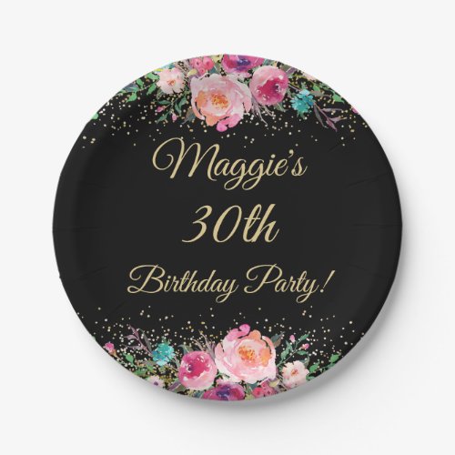 Pink Gold Watercolor Floral Black Birthday Party