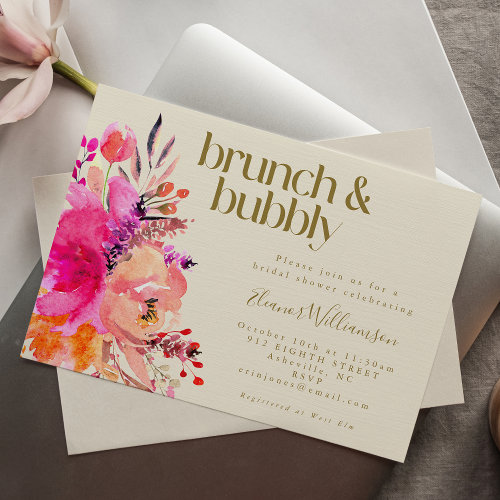 Pink Gold Watercolor Floral Bridal Shower Brunch  Invitation
