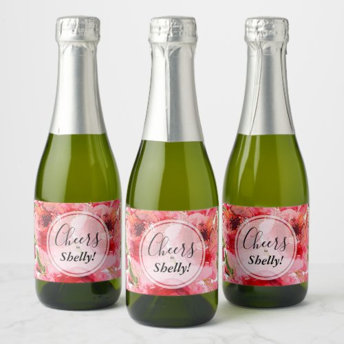 Pink Gold Watercolor Floral Bridal Shower Mini Sparkling Wine Label